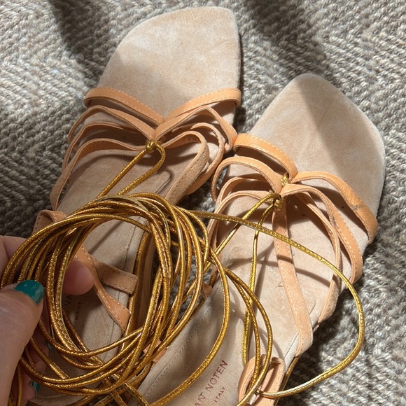 Dries Van Noten wedge Heel Gold and Peach suede Sandals, size 38.5 NEW - Picture 8 of 11